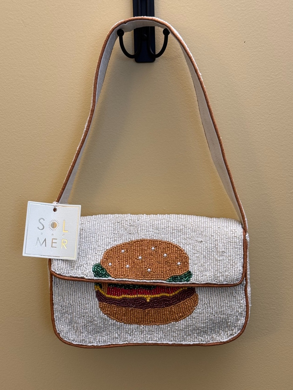 Sol and Mer White handcrafted Beaded Hamburger & Fries Shoulder Bag NWT